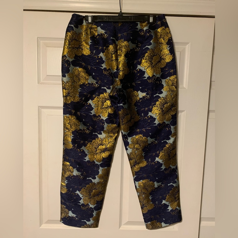 Rara Avis by Iris Apfel blue gold metallic jaquard floral pants sz 12
